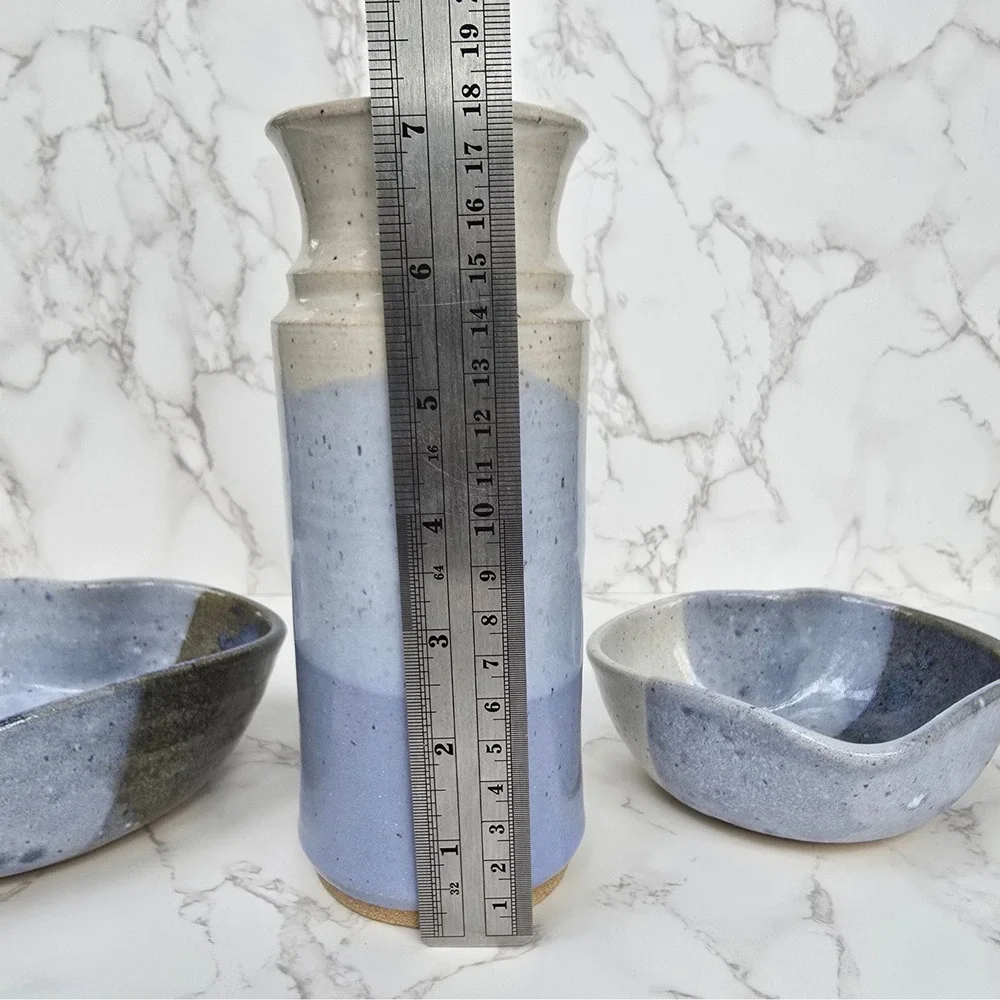 Studio Pottery Blue Glazed Vase and Heart Bowls Set Signed Artisan Stoneware
